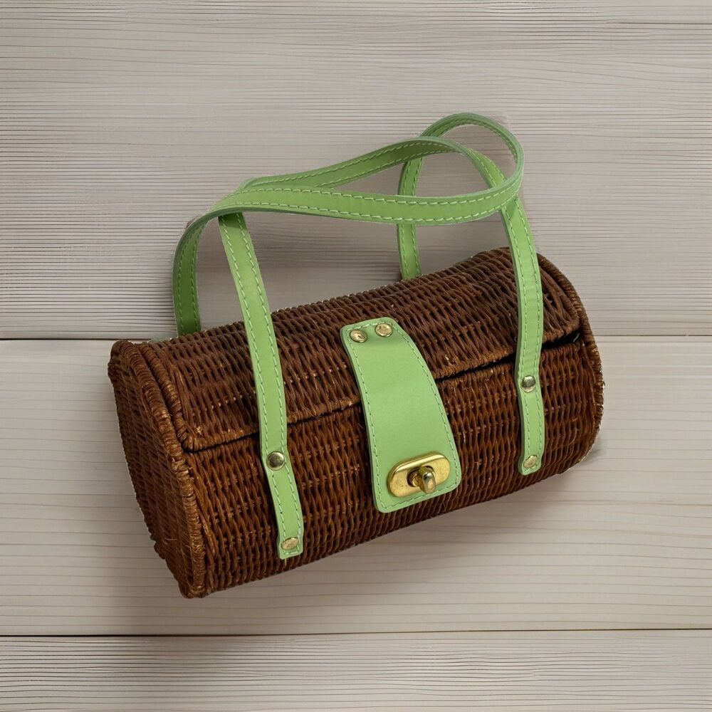 Vtg Kate Landry Straw Tote Bag Barrel Boho Handbag Purse Green Shoulder Feet